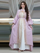 Fashion Arab Muslim Party Long Dress Abaya Female 2 Piece Set Belt Sequins Puff Sleeve Maxi Moroccan Women Clothing Pink Dress